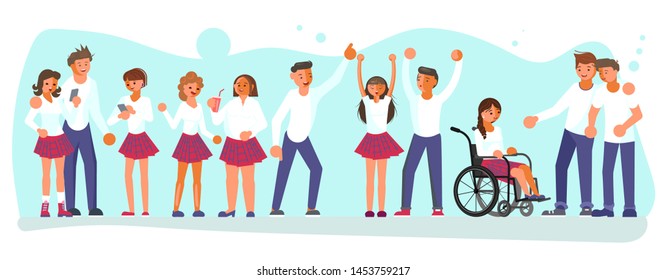 Back to school horizontal banner. Schoolchildren teenagers group. Flat Art Vector illustration