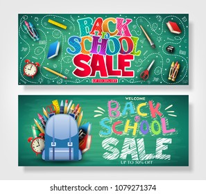 Back to School Horizontal Banner Set with Colorful Patterned Text in Green Chalkboard Background for Promotional Purposes
