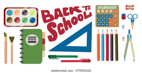 Back to school. School horizontal banner. A set of school supplies calculator, notebook, compasses, scissors, pencils, paint, sharpener, ruler.Vector illustration in flat style.