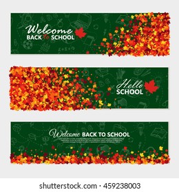 Back to school horizontal banner set with sketch school supplies elements and maple leaves. Education Concept.
