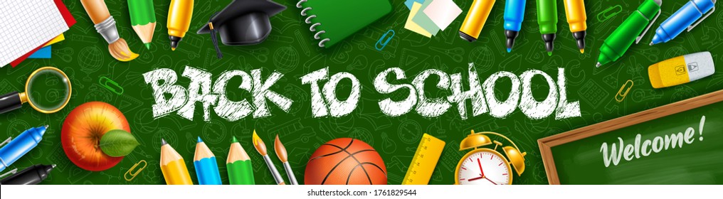 Back to School horizontal banner with school stationery and supplies. Lettering Back to school hand drawn by chalk. Doodle seamless pattern with education subjects on background. Vector illustration.