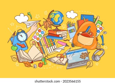 Back to School horizontal banner with stationery for drawing and other school subjects. Education Concept. A cover for a notebook or an advertising banner. Colorful vector illustration. Doodle style.