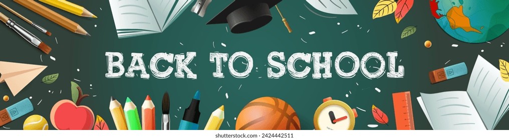 Back to School horizontal banner with school stationery and supplies. Lettering Back to school hand drawn by chalk. Doodle poster with education subjects on green background, vector illustration.