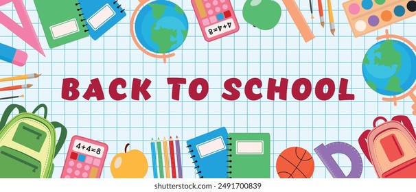 Back to school horizontal banner with school stationery. Inscription Back to school, Poster with educational subjects on the background of a checkered notebook. Vector.