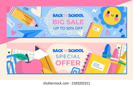 Back to school horizontal banner template. Vector illustration. Set of pastel designs with cute school supplies. Perfect for your advertising!