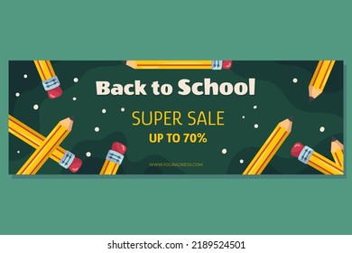 Back to school horizontal banner template for sale with classic yellow pencil with eraser on it. The pencils are arranged in a circle against a green school chalkboard.