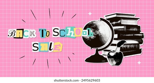 Zurück zur Schule horizontale Banner Vorlage. Halftone zeitgenössische Collage mit ausgeschnittenen Büchern Stapel, Globus und Apfel. Kariertes Banner, punk trendige Vektorgrafiken.