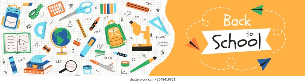 Back to School horizontal banner template in flat style. Long cover with Supplies and typography. Stationery goods for study. Backpack, microscope, pens, notebook sheet. Yellow background for sale.