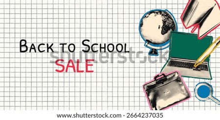 Back to school horizontal banner template with halftone collage elements arrangement, education concept. Modern retro mixed media vector illustration on graph grid paper background with copy space