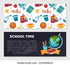 Back to school horizontal banner templates set. School time poster, card, backdrop. School supplies seamless pattern cartoon vector