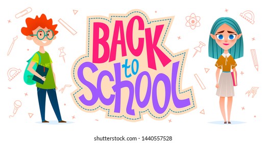 Back to school. Horizontal banner with text, pupils and icons. Cartoon style illustration.