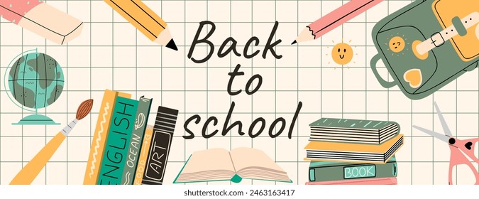 Back to school horizontal banner with text. Vector background.