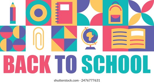 Back to school horizontal banner. Trendy geometric elements in Bauhaus style on educational poster for school. Simple flat education icons. Creative mosaic school background for posters, cards, sales