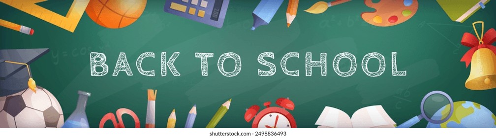 Back to School horizontal banner. Vector illustration of school stationery and supplies with text, clock, book, bell, ball. Doodle poster for online education, web design, cover, promotion, sale. 