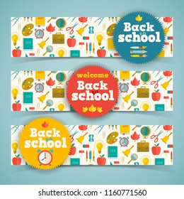 Back to school horizontal banners with colorful stickers flat supplies on light background isolated vector illustration