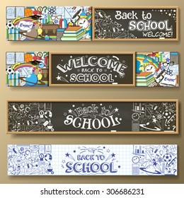 Back to School horizontal banners with doodle stationery and other school subjects. Standard for web proportions. Vector illustration.