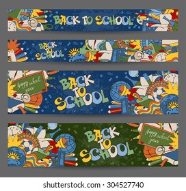 Back to School horizontal banners with hand drawn doodle stationery and other school subjects. Proportions - standard for web. Vector illustration.