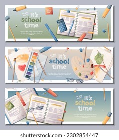 Back to school horizontal banners set. Background with notebooks, textbooks, paints and palette. Study, occupation, hobby.