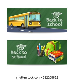 Back to school horizontal banners set with bus rucksack and books realistic isolated vector illustration 