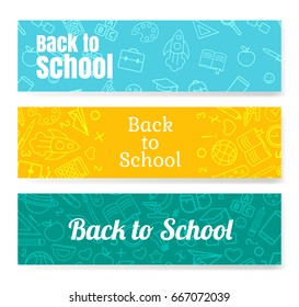 Back to School horizontal banners with texture from line art icons of education, science objects and office supplies.