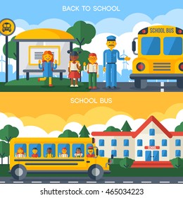 Back to School Horizontal Banners with Yellow Bus, Driver and Funny Kids. Vector Flat Illustration.