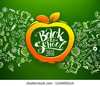 Back to school Horizontal chalkboard with hand drawn pattern and calligraphy logo on orange apple. Education background for posters, banners. School idea and typography background. Vector illustration