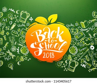Back to school Horizontal chalkboard with hand drawn pattern and calligraphy logo on orange apple. Education background for posters, banners. School idea and typography background. Vector illustration