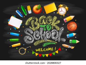 Back to School horizontal design for school party invitation or other events. School stationery and chalk lettering Back To School on blackboard background. Vector illustration.