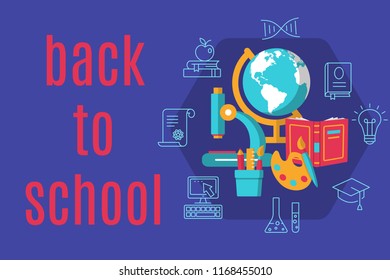 Back to school horizontal flat banner with icons of education learn to think online learning and research vector illustration. Knowledge concept. Place for text. Isolated on background