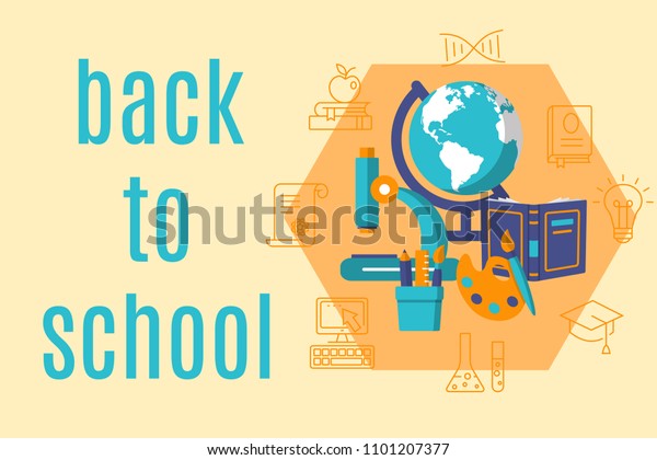 Back to school horizontal flat banner with\
icons of education learn to think online learning and research\
vector illustration. Knowledge concept. Place for text. Isolated on\
white background