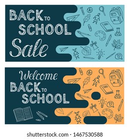 Back to school horizontal flyer. Composition with educational pattern. Hand written lettering "Welcome Back to school Sale" Education template concept for poster, flyer, banner, brochure, advertising.