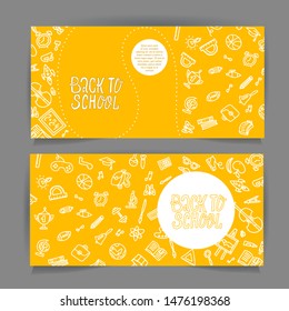 Back to school horizontal flyer template with different school objects. School sale banners set with white line doodle supplies, stationery on yellow background. Sketches for education poster design.