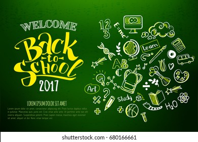 Back to school Horizontal green chalkboard with doodle supplies and lettering. Education background for web, brochures, banners. School typography and decor: globe, pen, bus, ball, palette, monitor