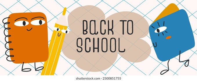 Back to school horizontal long banner. Book, spiral notebook and pencil characters with huge eyes. School educational checkered background