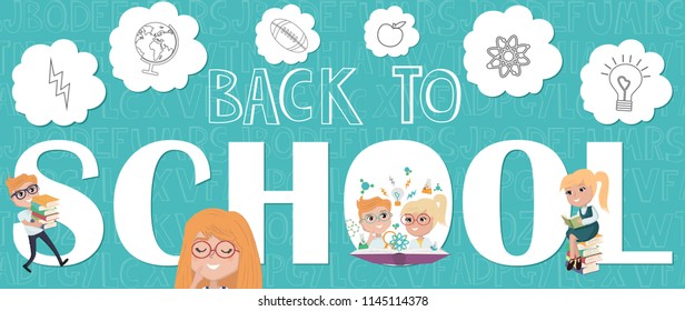Back to school horizontal poster with kids. Editable vector illustration