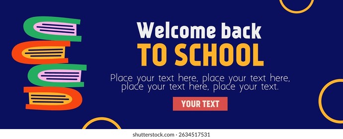 Back to school horizontal poster, web banner in trendy doodle style with geometric shapes, books element and modern typography for college, education, study concept. Templates ads, branding, sale.