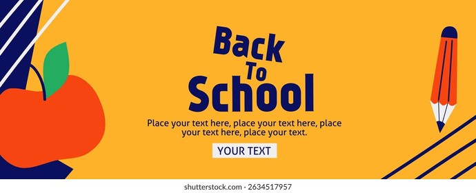 Back to school horizontal poster, web banner in trendy doodle style with geometric shapes, pencil element and modern typography for college, education, study concept. Templates ads, branding, sale.