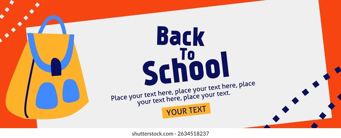 Back to school horizontal poster, web banner in trendy doodle style with geometric shapes, bag element and modern typography for college, education, study concept. Templates ads, branding, sale.
