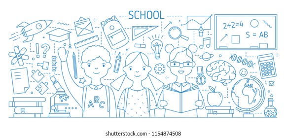 Back to school horizontal web banner with smiling children or pupil, textbooks, stationery drawn with contour lines on white background. Monochrome vector illustration in modern lineart style
