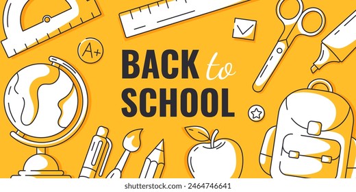 Back to school horizontal yellow banner, vector minimalist design. School supplies and stationery, line icons. Education, learning, knowledge concept. For poster, web, flyer, business, event, party