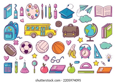 Back to School. Huge set of bright colorful doodles pictures, school bus and supplies. Isolated on white background