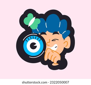 Back to school icon. Badge with curious smart boy and magnifying glass. Science and education concept. Schoolboy sticker for social media. Cartoon flat vector illustration isolated on white background