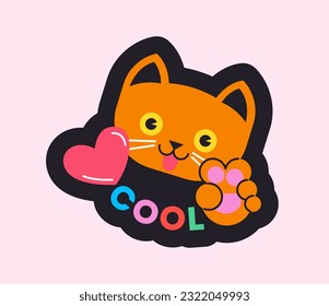 Back to school icon. Badge with funny happy cat showing peace sign. Character with approving gesture and text. Colorful sticker for app. Cartoon flat vector illustration isolated on white background