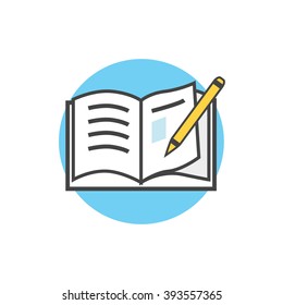 Back to school icon book pencil and supplies. Education, science study, learning and reading notebook. Vector illustration