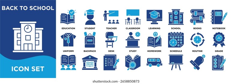 Conjunto de colección de iconos de BACK TO SCHOOL. Contiene educación, estudiantes, aprendizaje, aula, escuela, libros, cuaderno, uniforme, suministros, ícono de mochila. Vector dualtone.	
