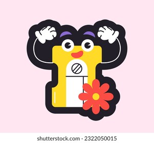 Back to school icon. Colorful badge with stationery or supplies. Sticker with funny yellow sharpener with face for website and apps. Cartoon flat vector illustration isolated on white background