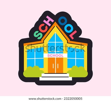 Back to school icon. Colorful badge with school building or educational institution with windows. Education, study and learning concept. Cartoon flat vector illustration isolated on white background