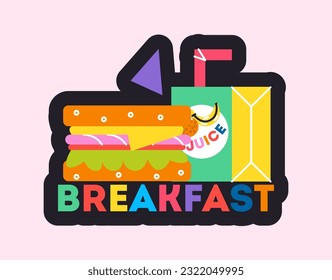 Back to school icon. Colorful sticker with fast food, breakfast and lunch, sandwich and fruit juice. Badge for social media and website. Cartoon flat vector illustration isolated on white background