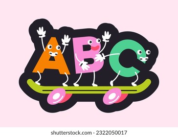 Back to school icon. Colorful sticker with characters alphabet, letters and ABC on skateboard. Education, grammar and learning concept. Cartoon flat vector illustration isolated on white background