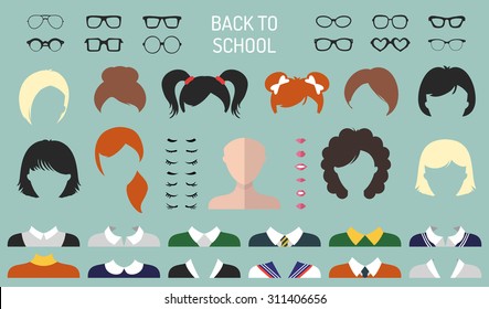 Back to school icon constructor. Big vector set of dress up constructor with different student girl haircuts, glasses, lips, wear in trendy flat style. Faces creator.